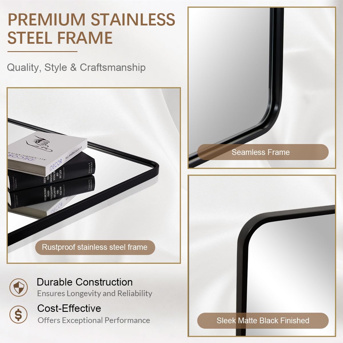 ANDY STAR 24x40 Inch Bathroom Vanity Mirror, Black Rounded Rectangle Bathroom Mirror in1 Inch Tube Metal Frame Wall-Mounted Horizontal/Vertical