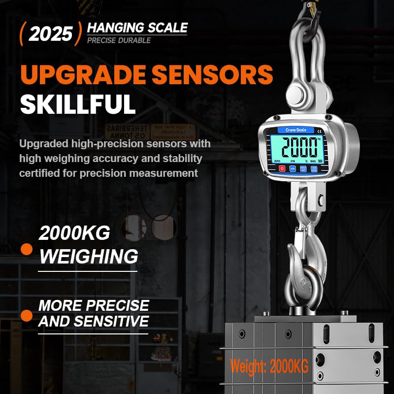 Digital Crane Scale 6600 lbs/3000kg/3T Measurable Temperature and Humidity Industrial Heavy Duty Hanging Scale with Remote Control LCD Screen for Construction, Factory, Farm(Silver)