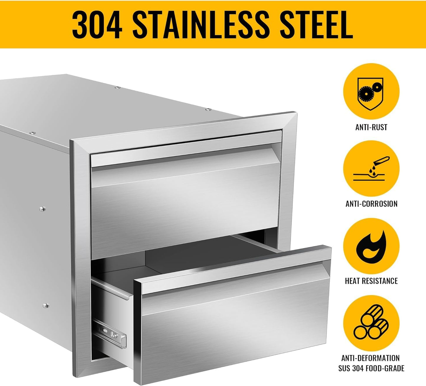 RAILEN Outdoor Kitchen Double Drawers 18''W x 15''H x 23''D Inch Stainless Steel Flush Mount BBQ Drawers for Outdoor Kitchen Island or Patio Grill Station