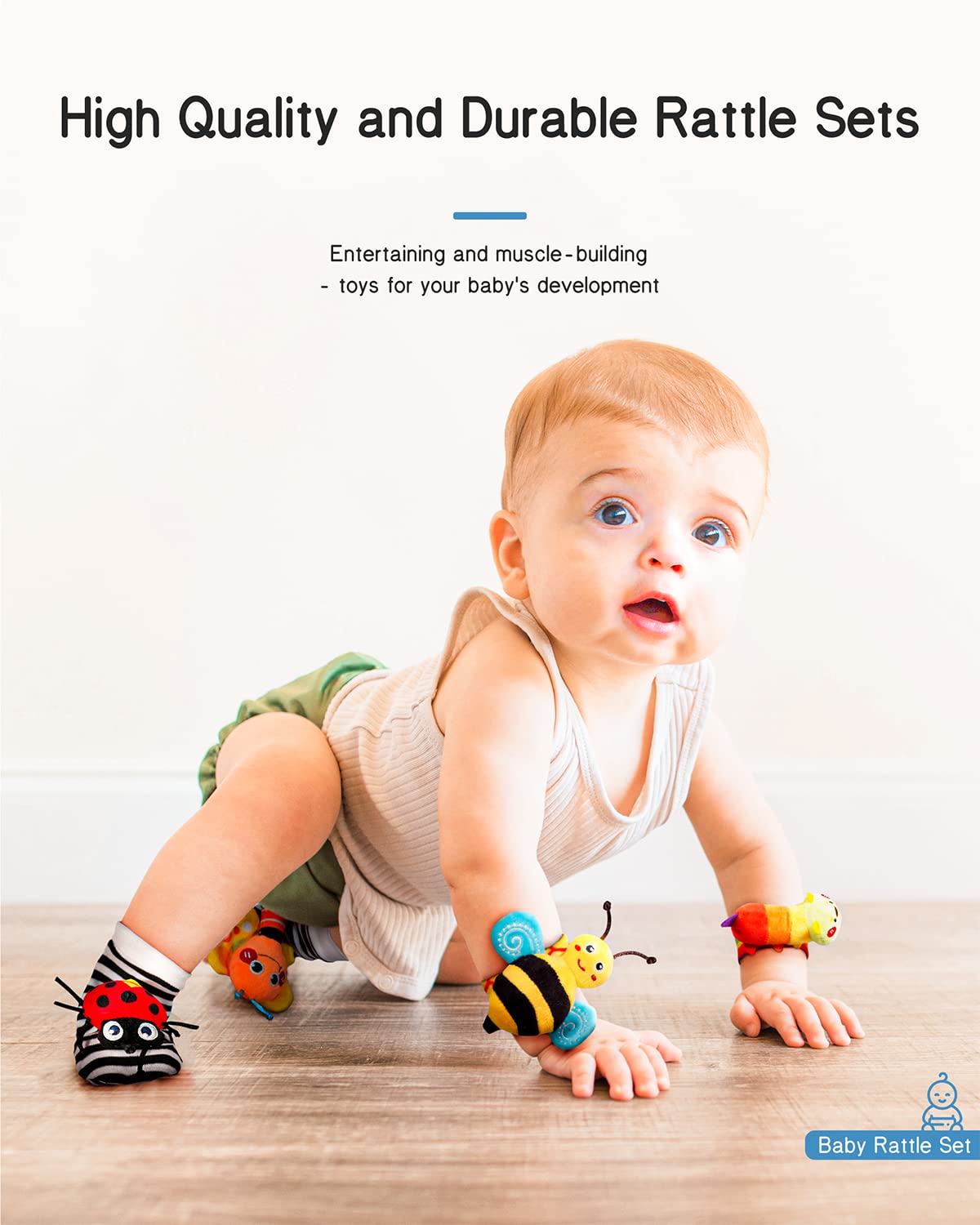 Infinno Baby Wrist Rattle Socks and Foot Finder Set, Perfect Baby Toys for 0-12 Months Newborn Boys and Girls As Shower Gifts, Garden Bug Series (Pack of 2)