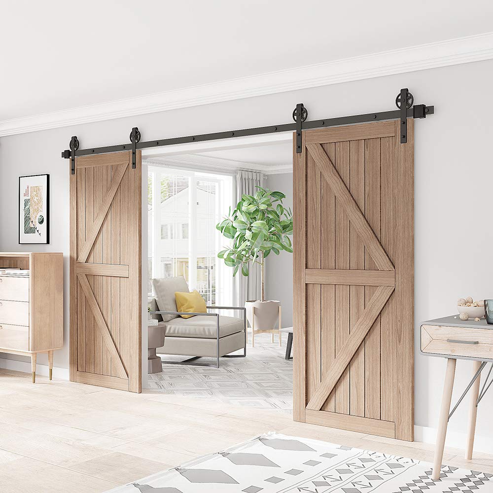 WINSOON 12FT Wood Double Sliding Barn Door Hardware Basic Black Big Spoke Wheel Roller Kit，5-18FT for Choose