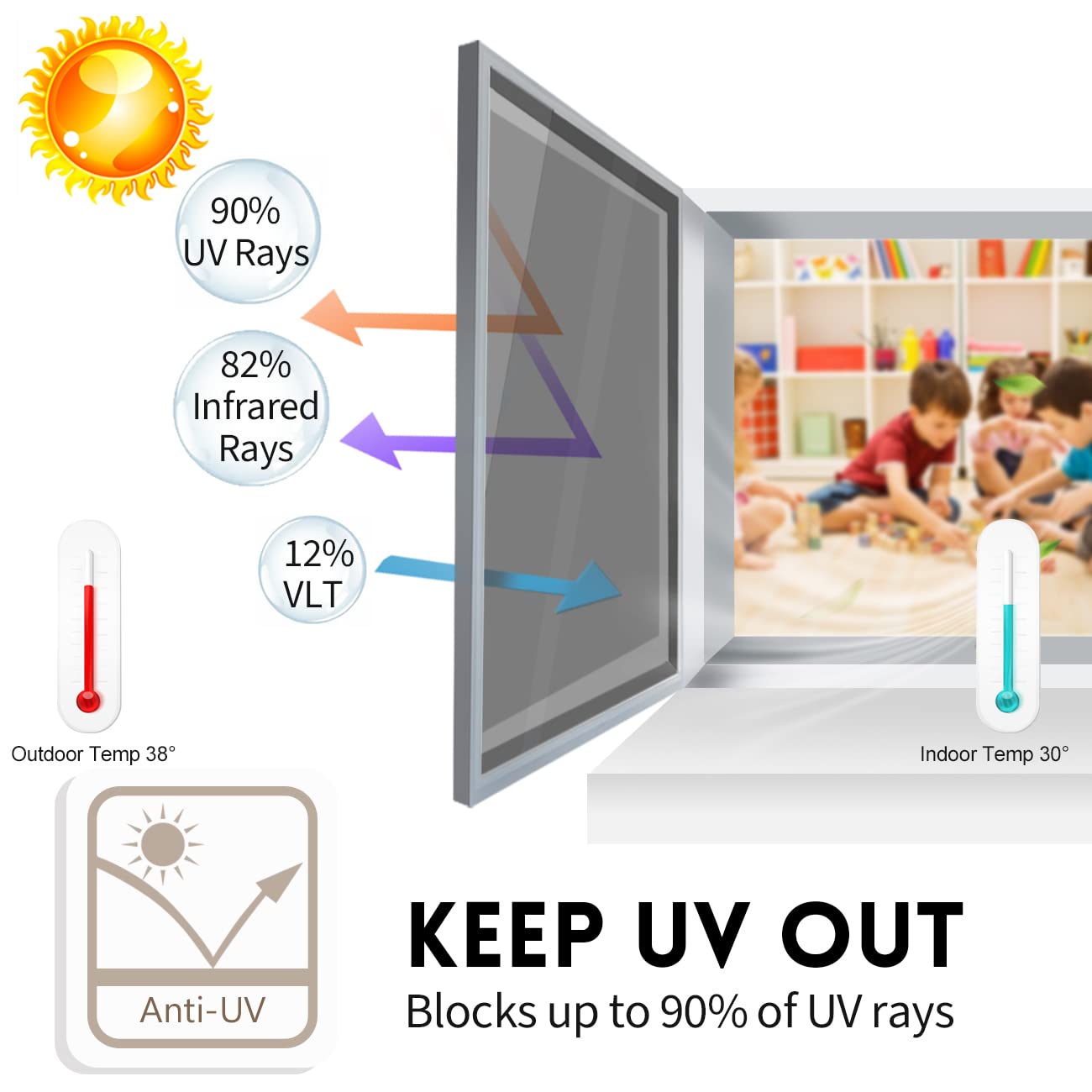 KESPEN Window Film One Way Daytime Privacy Static Cling Heat Control Glass Window Tint Mirror House Film, Black-Silver, 35.4 Inch X 32.8 Feet