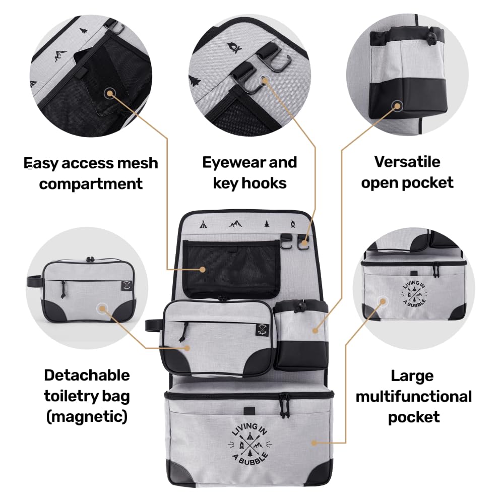 Living in a Bubble Seat back Organizer – Magnetic Toiletry and Cooler Pouch, Cordura Car Backseat Storage with Device Holder & Hooks, Multi-Compartment Utility Bag for Campervans & Family Travel