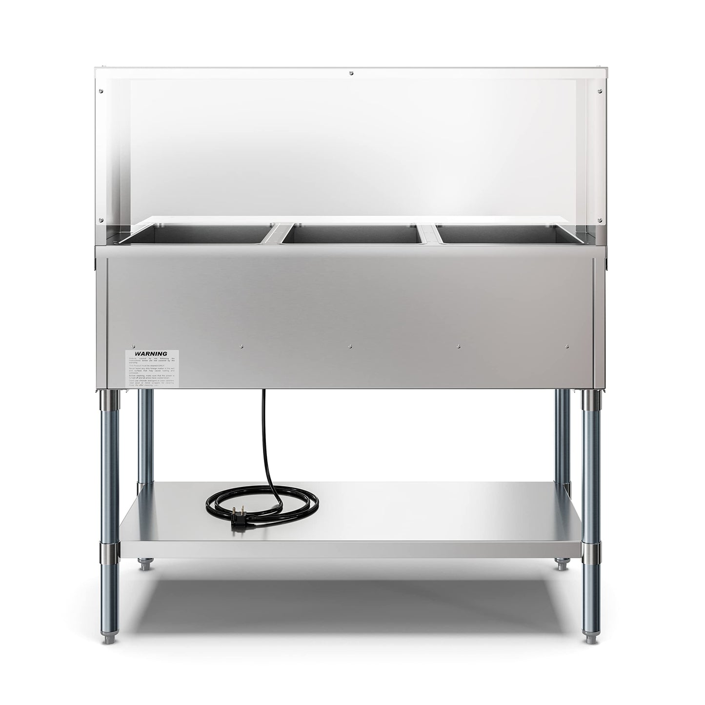 KoolMore 3-Pan Open Well Electric Stainless Steel Steam Table Food Warmer for Buffets with Sneeze Guard, Overshelf, Undershelf, Warming Control Knobs, Front Serving Area [120V] (KM-OWS-3SG), Silver