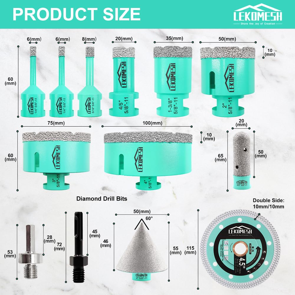 LEKOMESH Tile Hole Saw Kit - (6/6/8/20/35/50/75/100mm+20mm Finger Bit+50mm Chamfer Bit+SDS/HEX Adapter) and 4.5 Inch Diamond Saw Blade Cutting Disc Wheel