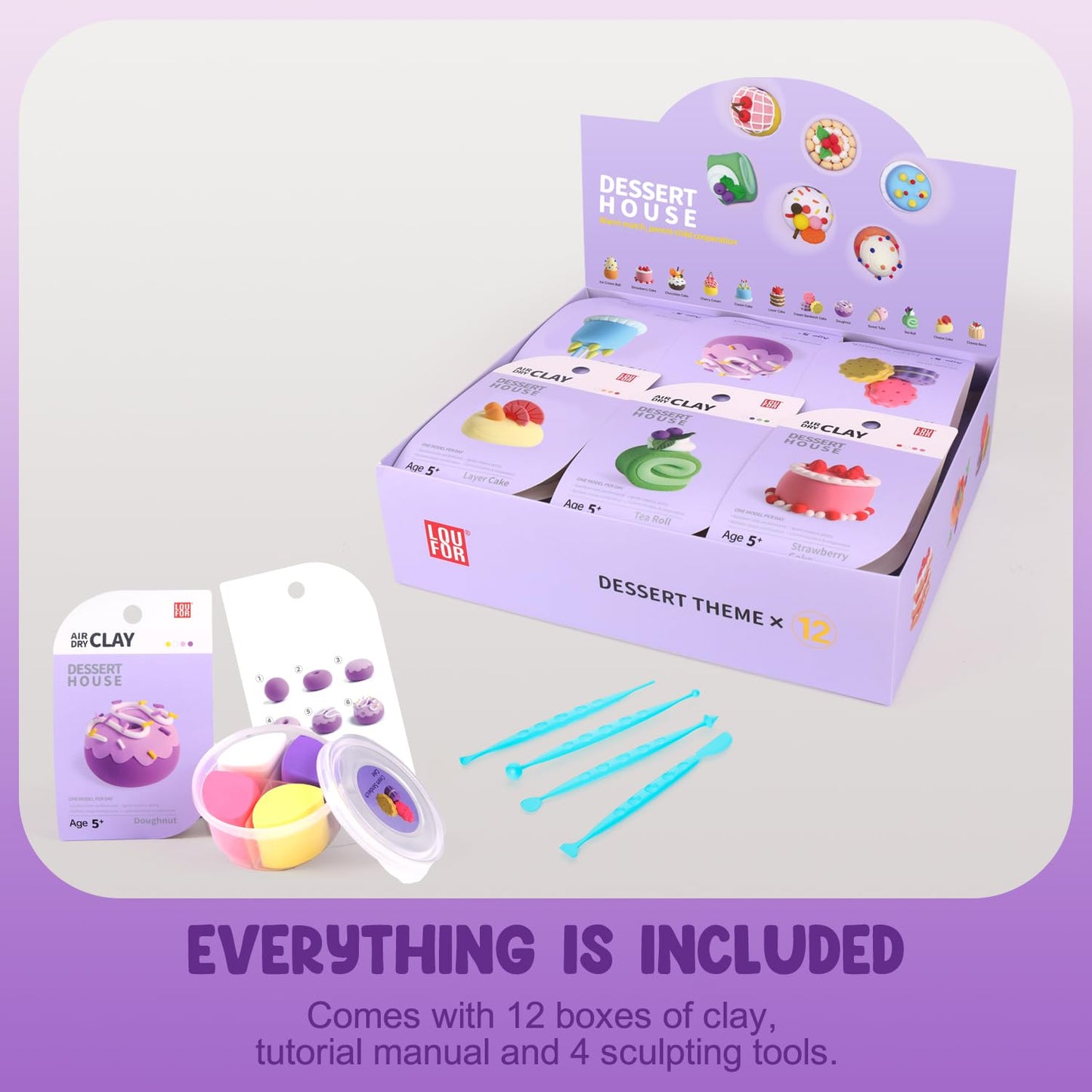 LOUFOR Air Dry Clay Kits - Modeling Clay for Kids, Ultra Light & Soft, Safe & Non-Toxic, 12 Boxes DIY Model Magic Clay with Sculpting Tools & Tutorials, Creatible Art Crafts Toys Gifts Boys Girls