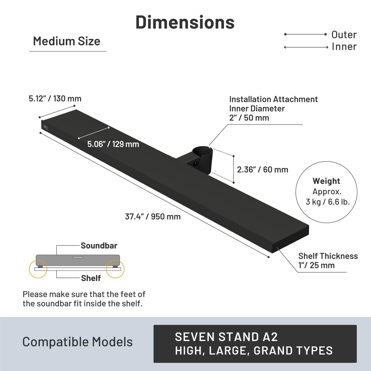 WALL Seven Stand A2 Large | Rolling TV Stand for 45–80" w/ 37.4" Soundbar Shelf | Satin Black | Portable TV Stand with Shelf | Height Adjustable, Space Saving, for Living Room and Bedroom