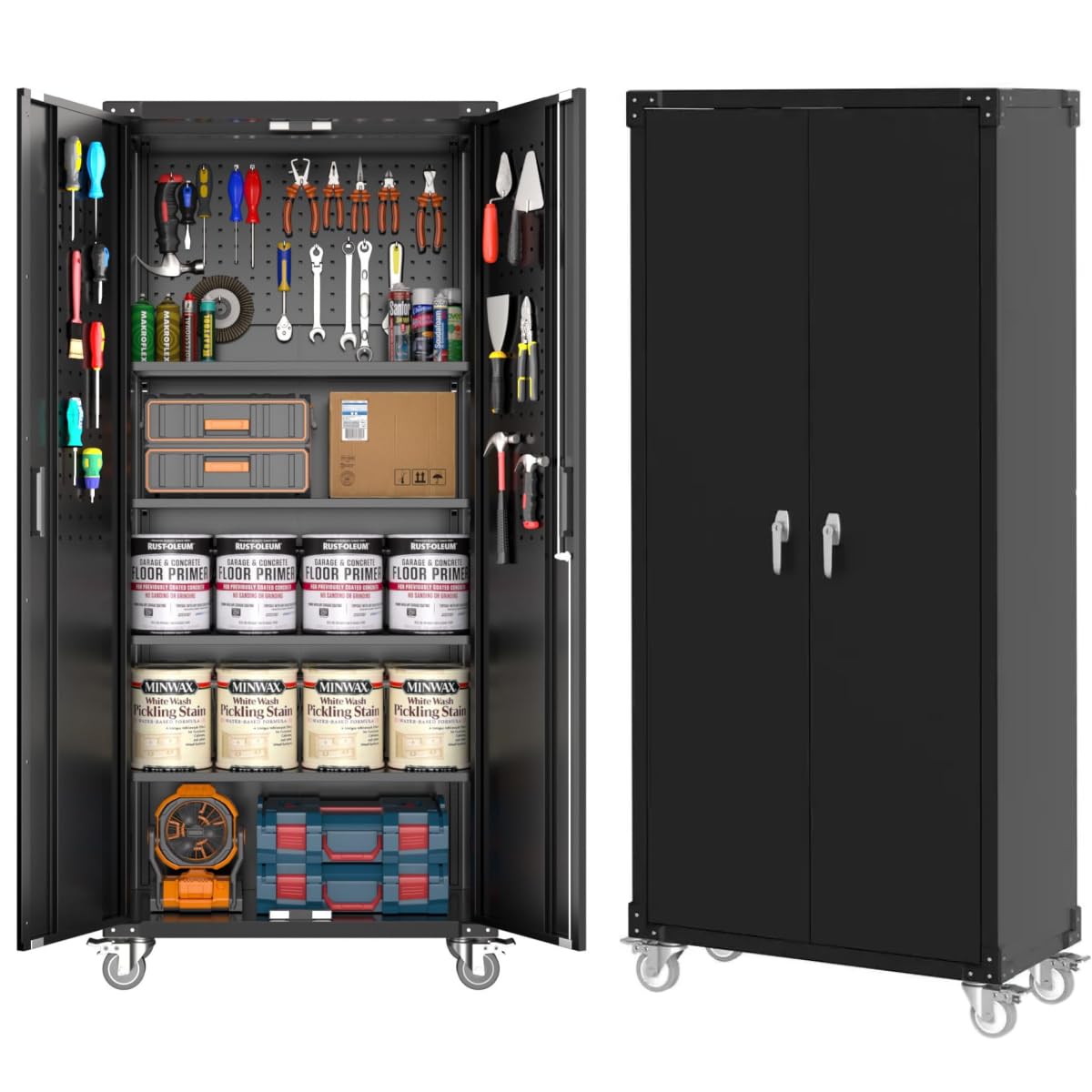 PeacefulHues Metal Garage Storage Cabinet with Doors and Wheels, 72" High Lockable Storage Cabinet with 4 Adjustable Shelves and Pegboard, for Garage Workshop Home Office