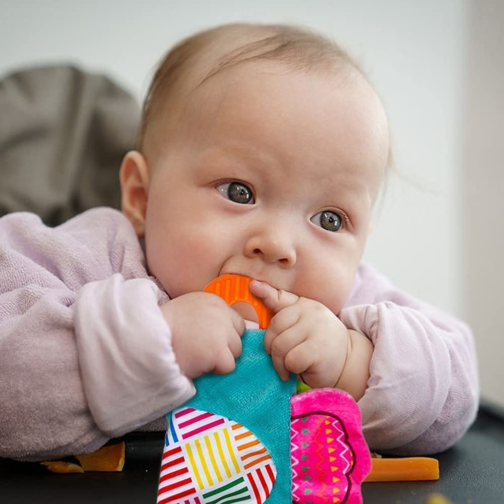 teytoy 2 Pcs Crinkle Toys for Baby with Teether, Baby Teething Sensory Toys Newborn Bib Saliva Soother Towel, Soft Snuggle Sleeping Security Blanket for Unisex Babies 0-36 Months Gifts(Owl and Deer)
