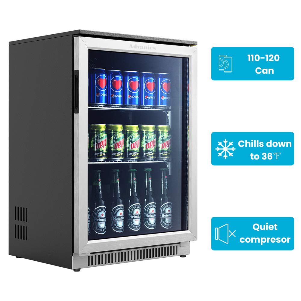 Advanics 20IN Beverage Refrigerator with Glass Door-120 Can Built in Under Counter Fridge & Freestanding,Ideal for Soda,Beer Drink Cooler
