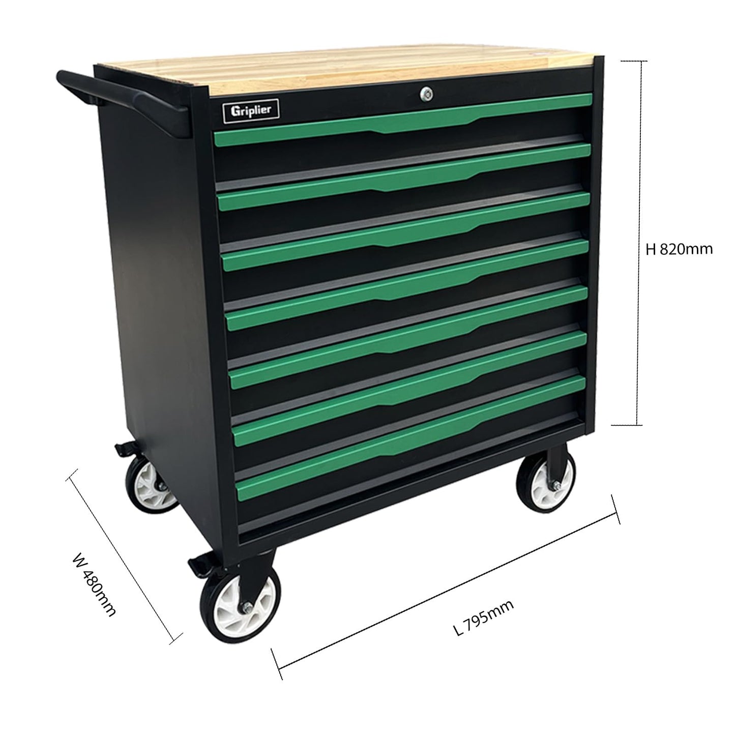 Griplier 7-Drawer Tool Chest with Wood Top, 31.3W x 18.9D x 32.3H inches, Black and Green，Locking Rolling Tool Box with Wheels,Mechanic Tool Cabinets for Garage, Warehouse,Repair Shop,Workshop