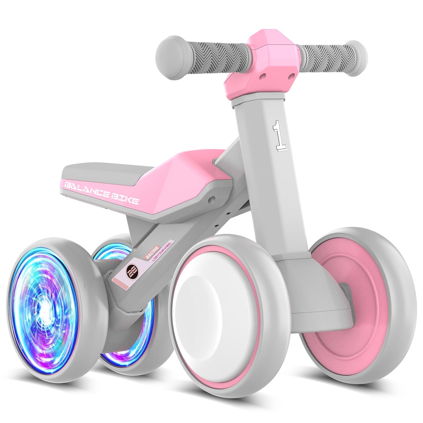 ESPRAY Colorful Lighting Baby Balance Bike Toys for 1 Year Old Girls Gifts, Toddler First Bike 12-24 Months with Adjustable Soft Seat, 4 Silent Wheels Ride on Toy, Perfect First Birthday Gift