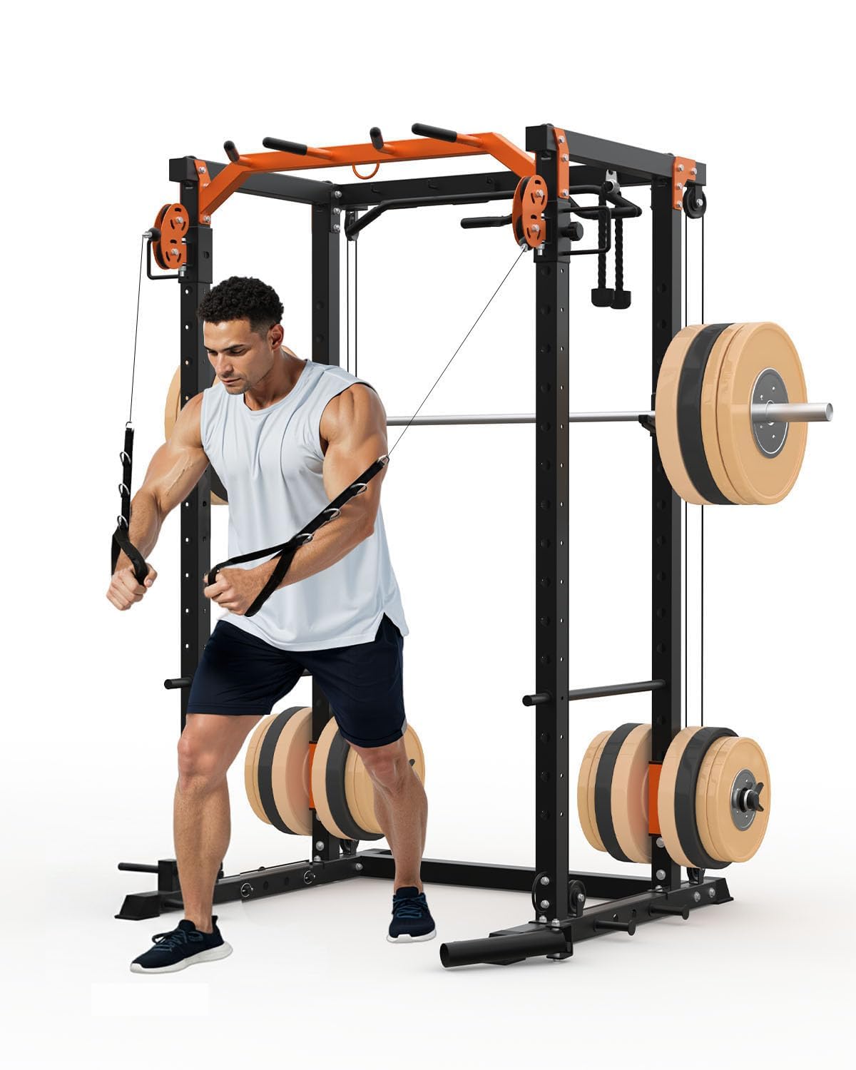 Garvee Power Cage, Power Rack with Cable Crossover System, 2000LBS Squat Rack with LAT Pull Down System, Workout Cage with Pulley System for Fitness Home Gym Strength Training, Orange & Black