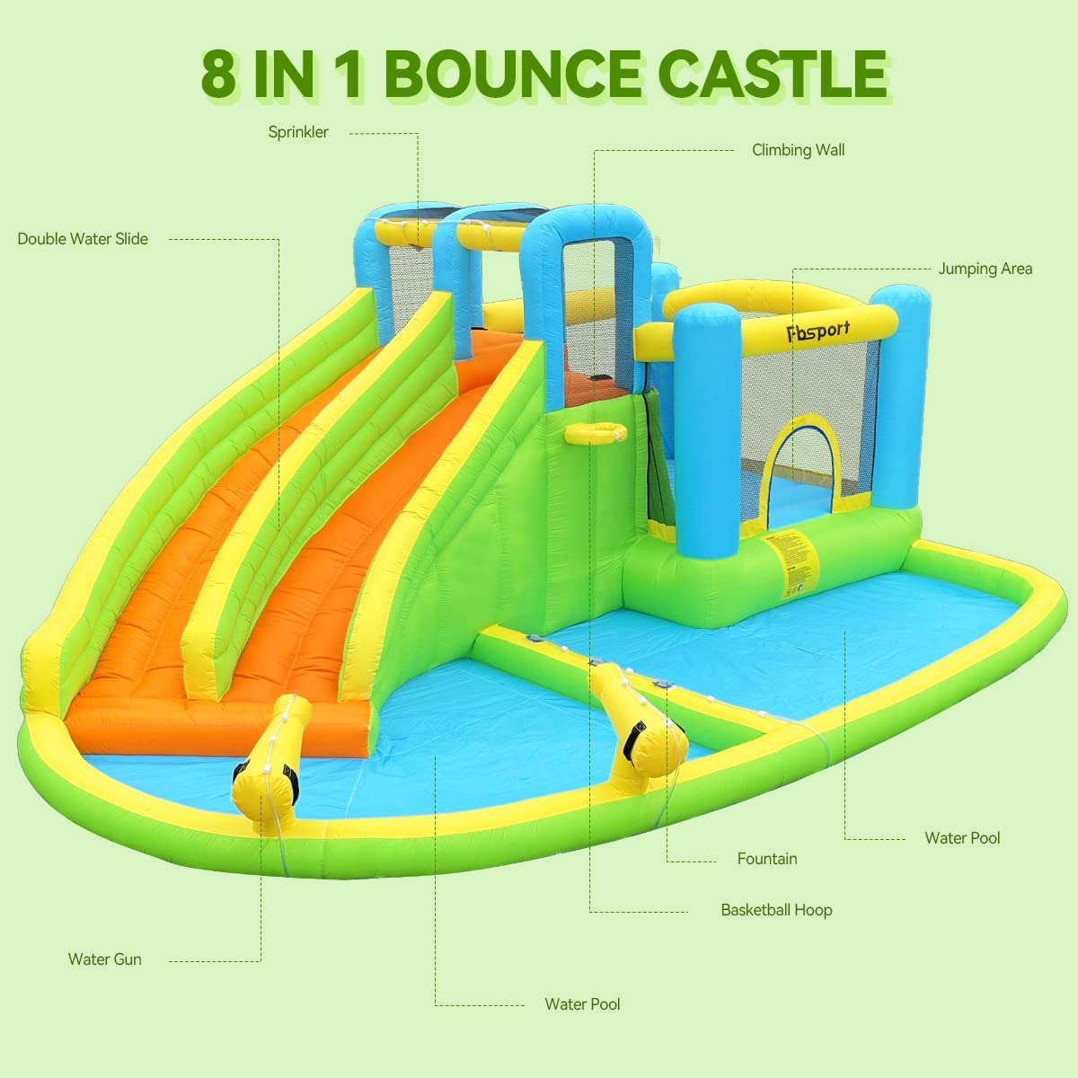 FBSPORT Inflatable Bounce House,Water Slide Park Bouncer Castle with 2 Slide & Double Cannon, Climbing Wall, Kids Bouncy Castle with 550W Air Blower for Backyard, Outdoor, Indoor