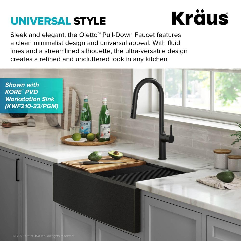 KRAUS Oletto Tall Modern Pull-Down Single Handle Kitchen Faucet in Matte Black, KPF-3101MB