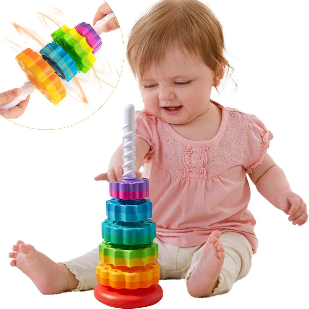 CAPT.GOOSE Rainbow Spinning Toy, Stacking Toy for Toddlers 1-3, Educational Montessori, Developmental Baby & Toddler, Autism Sensory, Gifts for One Year Old Girl Boy