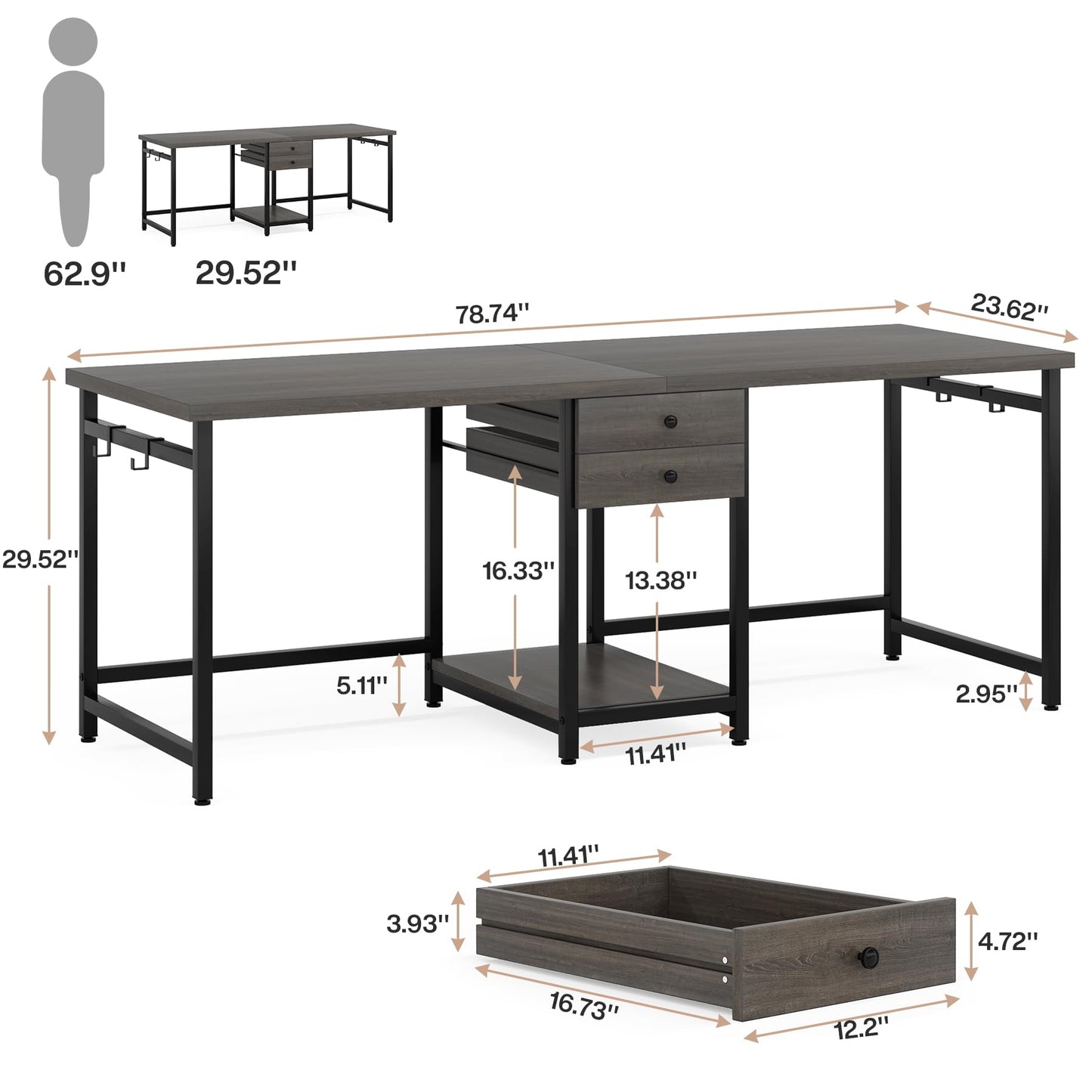 Tribesigns 79 Inch Extra Long Desk, Two Person Desk with 2 Drawers, Double Computer Table with Storage Shelves, Writing Table for Home Office, Grey
