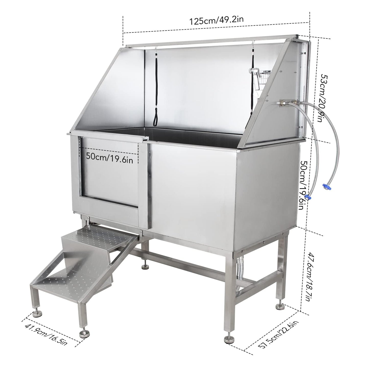 50" Pet Grooming Bathing Station, Professional Stainless Steel Tub W/Removable Ramp, Storage Drawer, Floor Grate, Stairs Faucet for Large, Medium & Small Dogs, Left Door