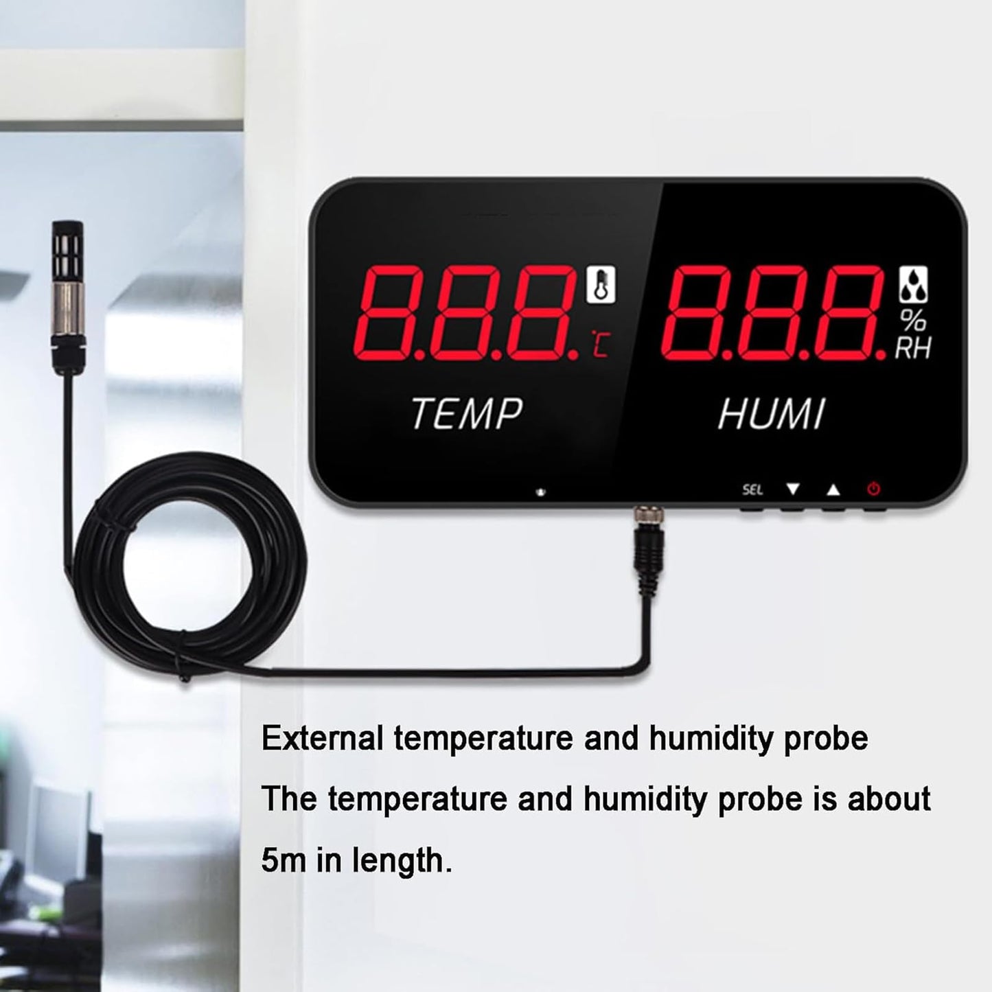 Temperature Humidity Meter, Wall-Mounted LCD Digital Thermometer with 5m Sensor & Alarm, Indoor/Industrial/Agricultural Use, Range -20 to 80℃