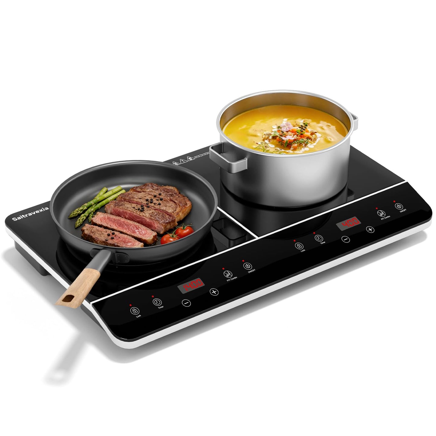 Saitravexia 24 Inch Double Induction Cooktop, Touch Control Electric Cooktop with Dual Burners, Shared 1800W Power, Low-Power Continuous Heating, Countertop Use