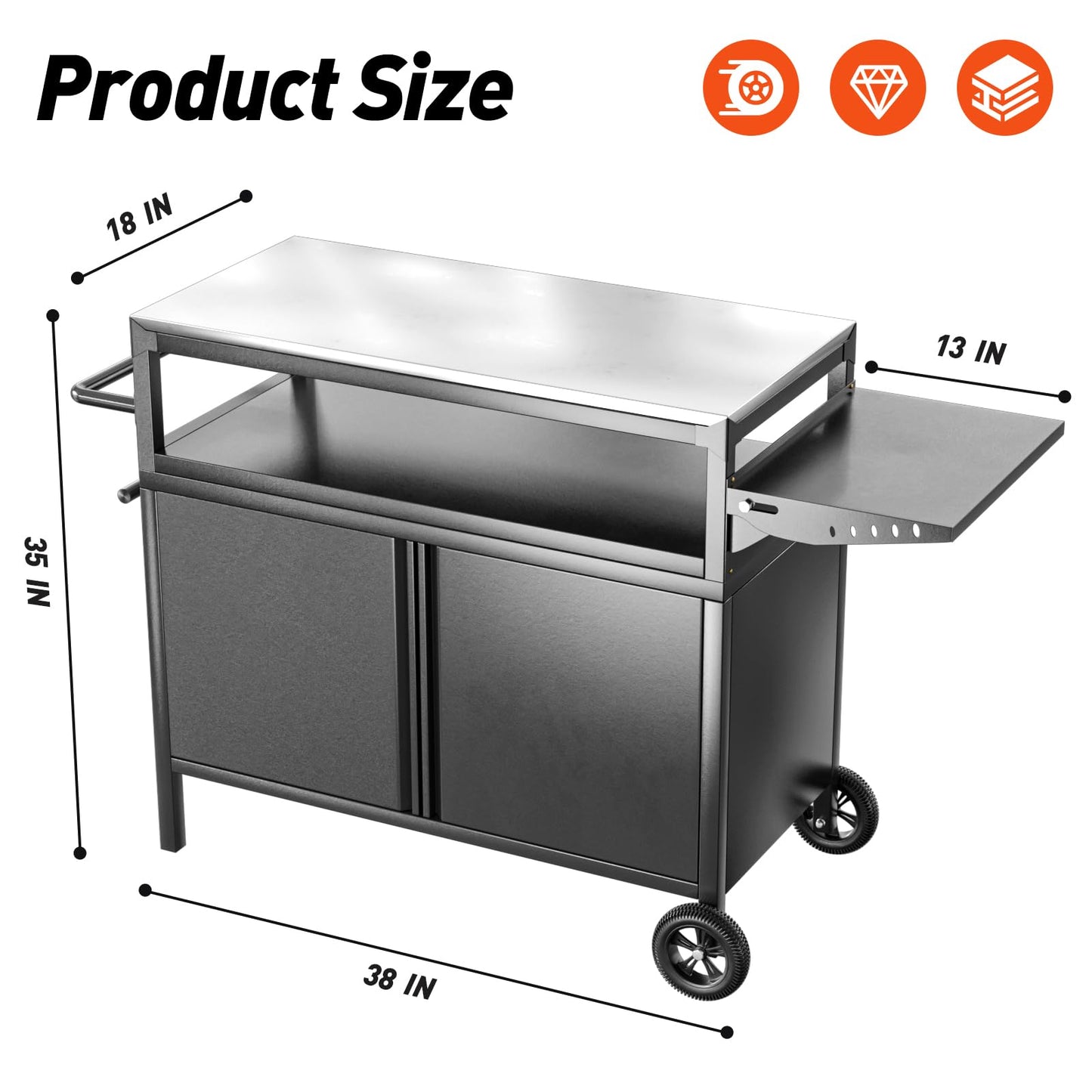 MUHYHY Outdoor Grill Table with Storage, Movable Outdoor Grill Cart, Stainless-Steel Tabletop Outdoor Kitchen Island, Patio Kitchen Island BBQ Cart with Wheels for Home BBQ Backyard Party