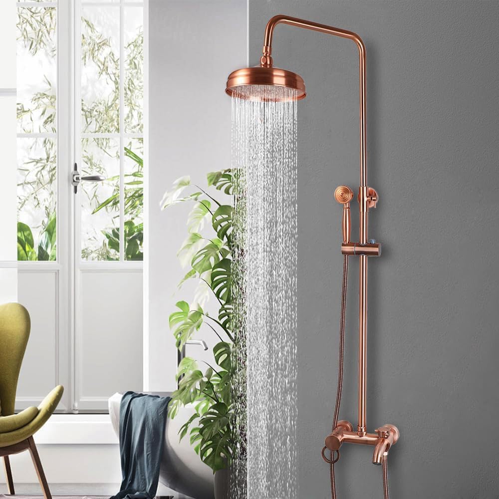 KECTIAKL Antique Copper Exposed Shower System 8 Inch Rainfall Shower Head 3 Functions Wall Mounted Outdoor Shower Fixtures Bathroom Shower Kit Antique Brass Shower Faucet Set