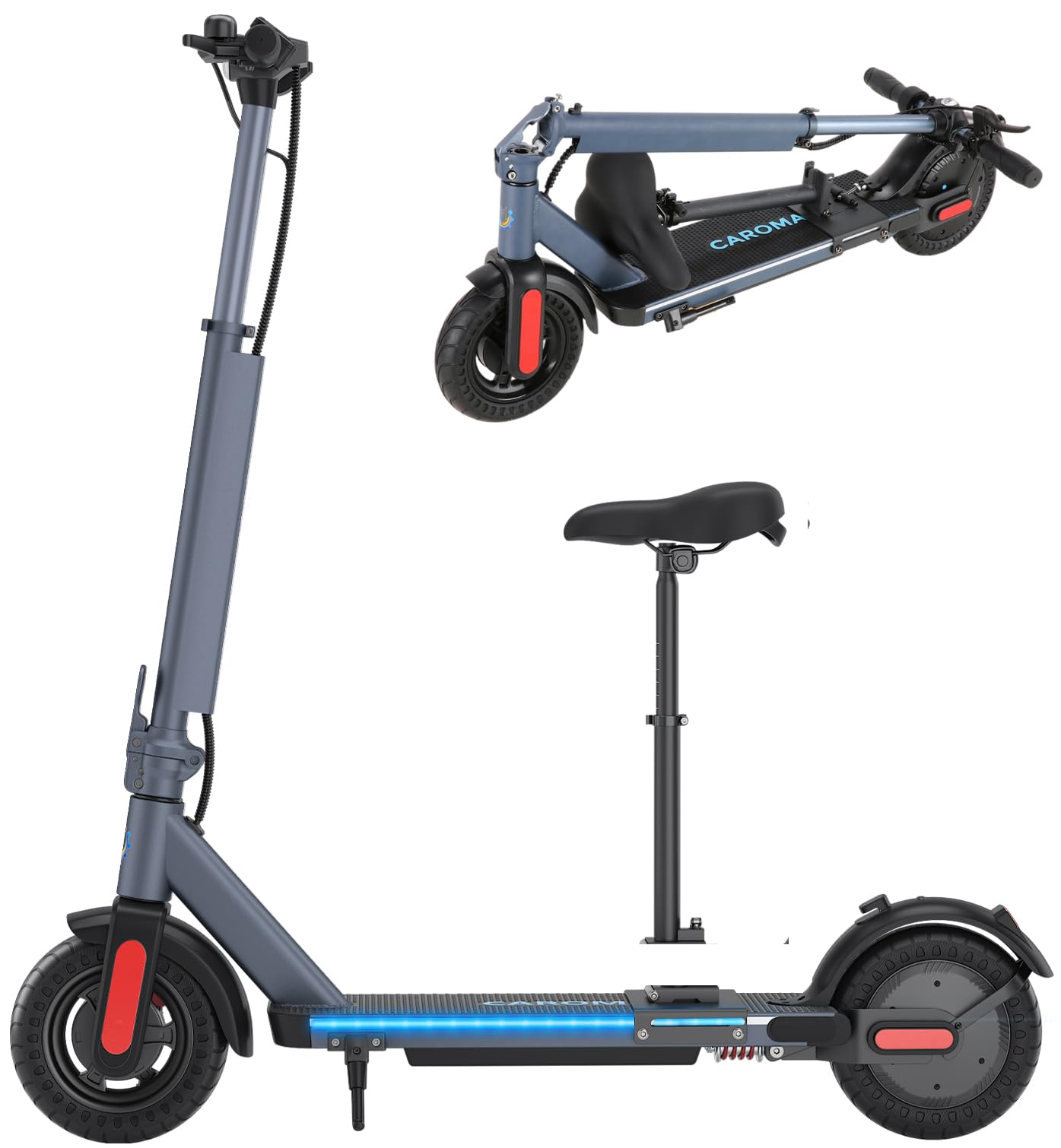 Caroma Electric Scooter 500W, Portable Folding Electric Scooter for Adults with Detachable Seat, 9" Solid Tires, Fast Commuting E Scooter w/Braking System & Shock Absorption,Blue