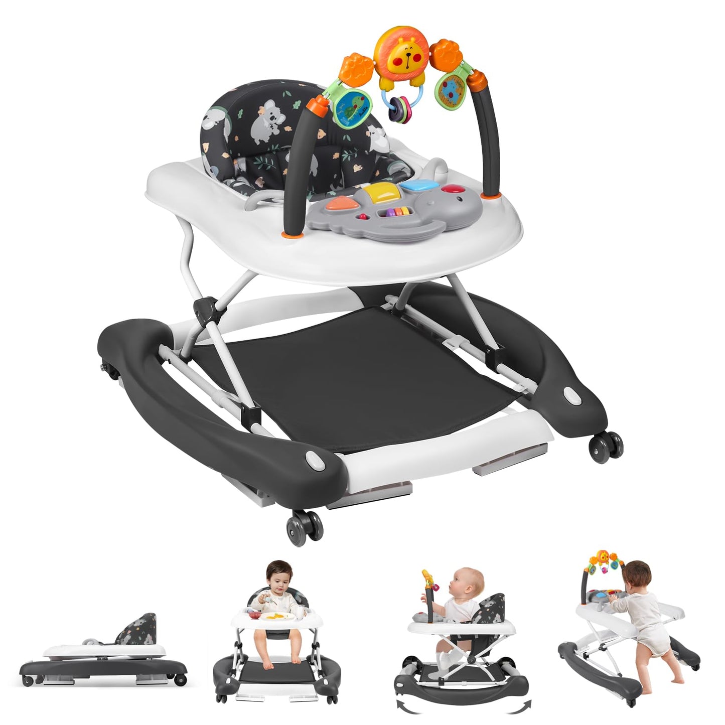 RefoereBabe Baby Walker, 5 in 1 Baby Walkers for Boys Girls 6-12 Months, Foldable Walkers for Babies with Bouncer & Feeding Tray, Music, Adjustable Heights, Activity Walker for Infant