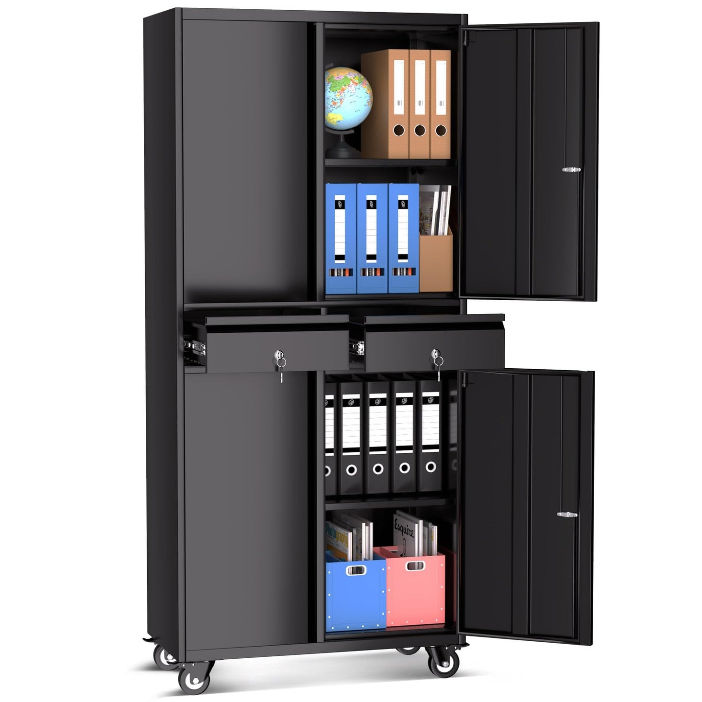 GarveeHome 73'' Metal Storage Cabinet, Heavy Duty Garage Storage with Wheels, Locking Doors and 2 Drawers, Adjustable Shelves, Black