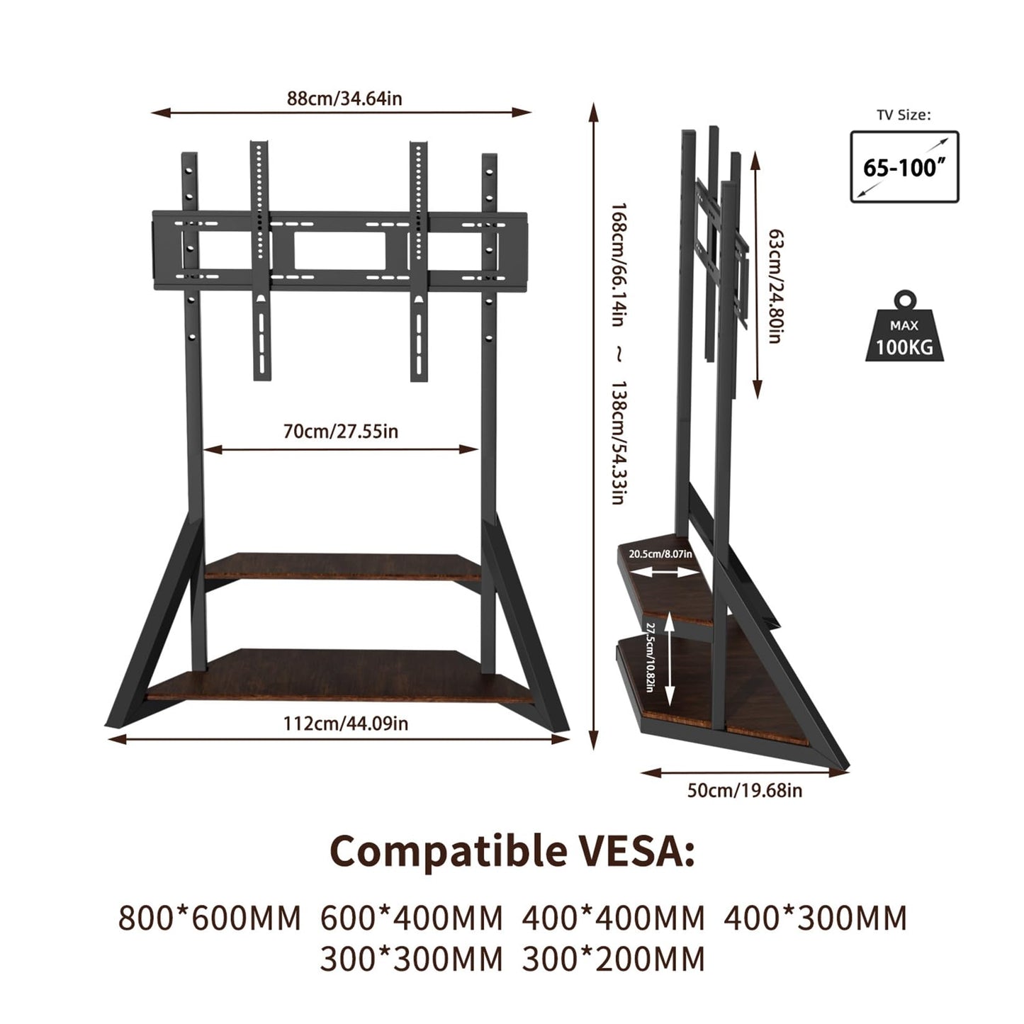unho Mobile TV Floor Stand with Wheels Shelves for 65 to 100 inch Large LCD/LED Flat Curved Screen up to 220lbs, Adjustable Heights TV Mount Stands VESA 800x600mm, Rolling TV Stand for Bedroom Office