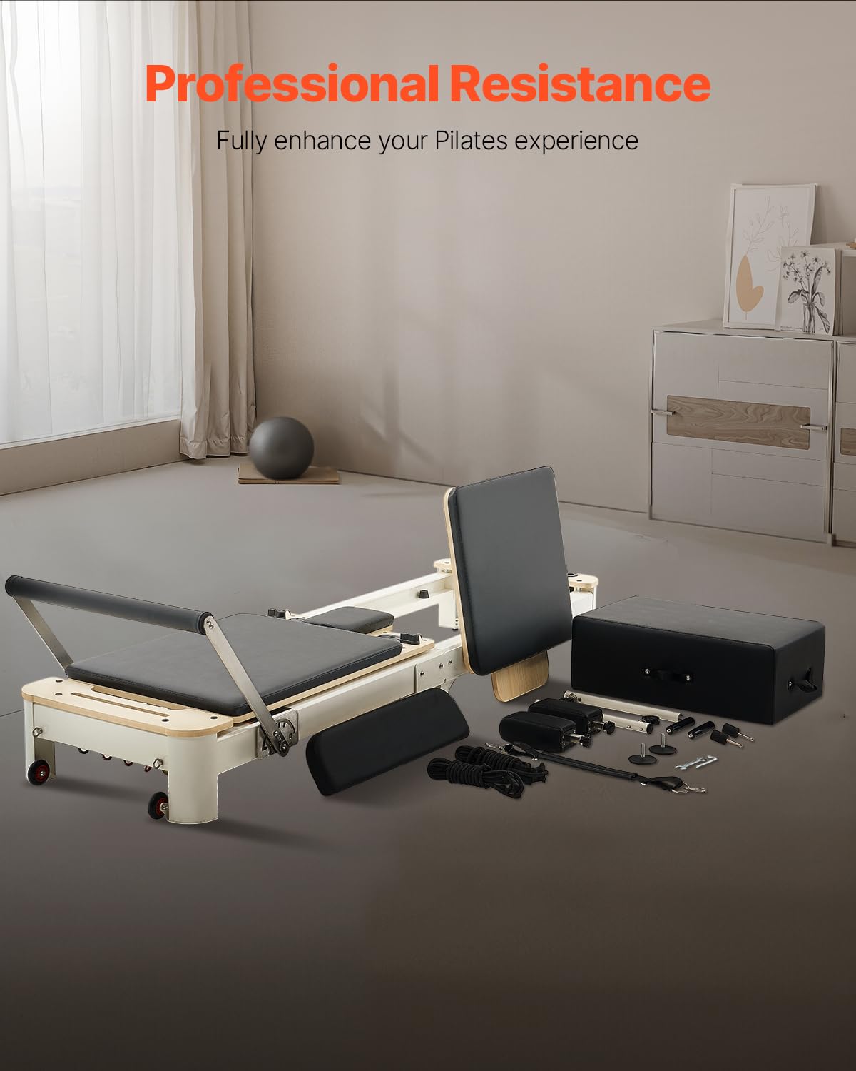 VEVOR Foldable Pilates Reformer Machine, Reformer Set with Sitting Box, Pilates Bed with Dual Resistance- Spring & Cord, for Advanced Users & Beginners Home Gym Studio, Up to 400 LBS