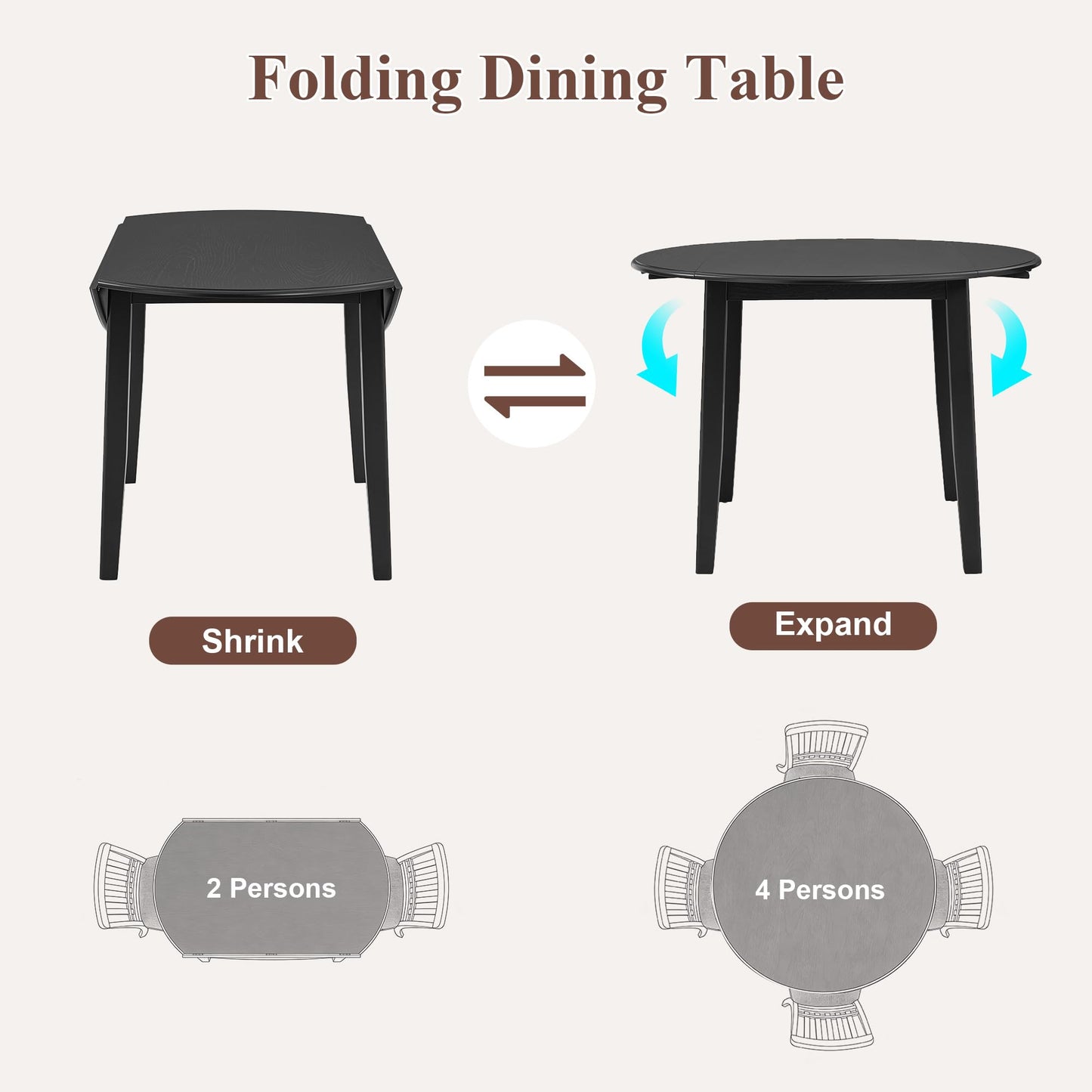 P PURLOVE 5 Piece Round Dining Set for 4, 1 Folding Wood Table and 4 Upholstered Chairs for Small Spaces, Apartments, Space-Saving Design (Black)