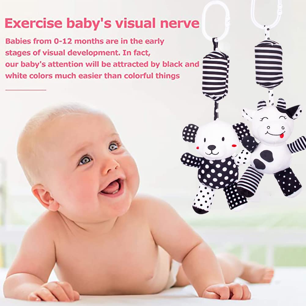 SHXERO Baby Car Seat Toys, Black White Stroller Toy Stretch Baby Spiral Plush Toys, Hanging Rattle Toys for Crib Mobile, Newborn Sensory Toy Best Gift for 0 3 6 9 12 Months (Calf/Panda)