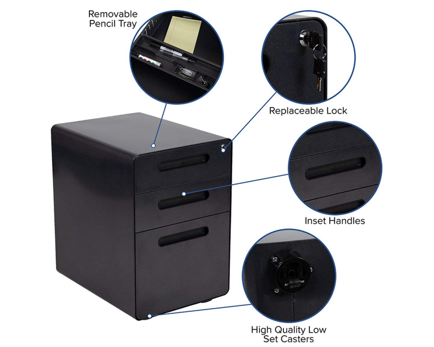 Flash Furniture Wren Ergonomic 3-Drawer Mobile Locking Filing Cabinet with Anti-Tilt Mechanism and Hanging Drawer for Legal & Letter Files, Black