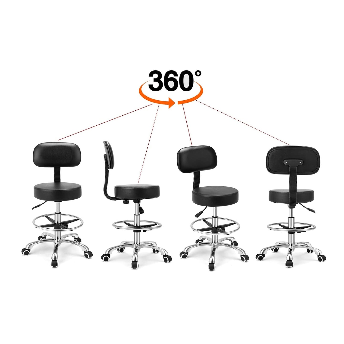 Kaleurrier Rolling Swivel Adjustable Heavy Duty Drafting Stool Chair for Salon Medical Kitchen Lab Clinic Dental Office and Home uses,with Wheels and Back Support (Black with Footrest)