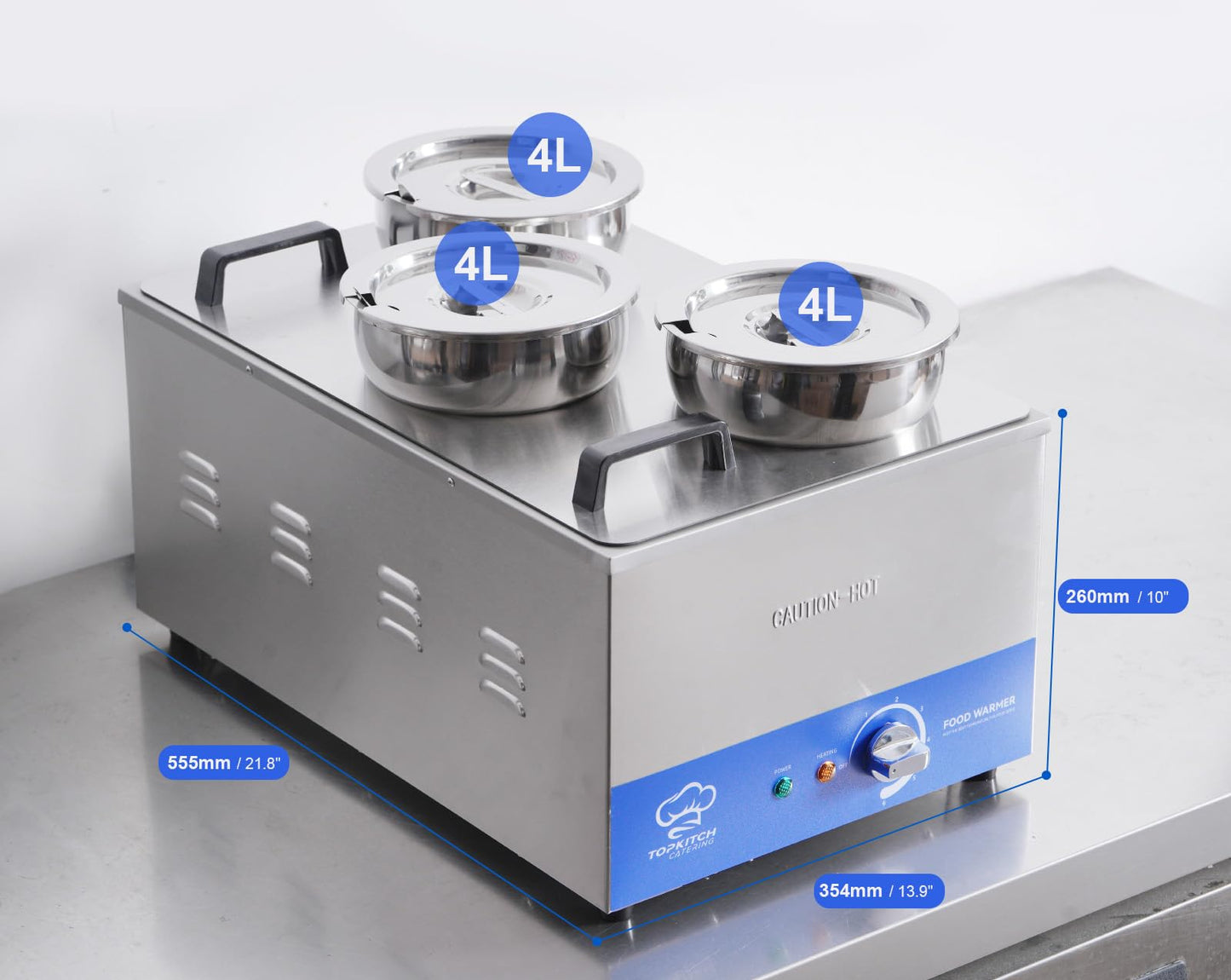 TOPKITCH Commercial 12L Soup Warmer with 3×4L Pot Buffet Bain Marie， Commercial Electric Food Warmer, Seamless One-Piece Tank, 30-85℃ Adjustable Temp Range, UL Certified Key Components-120V,1200W