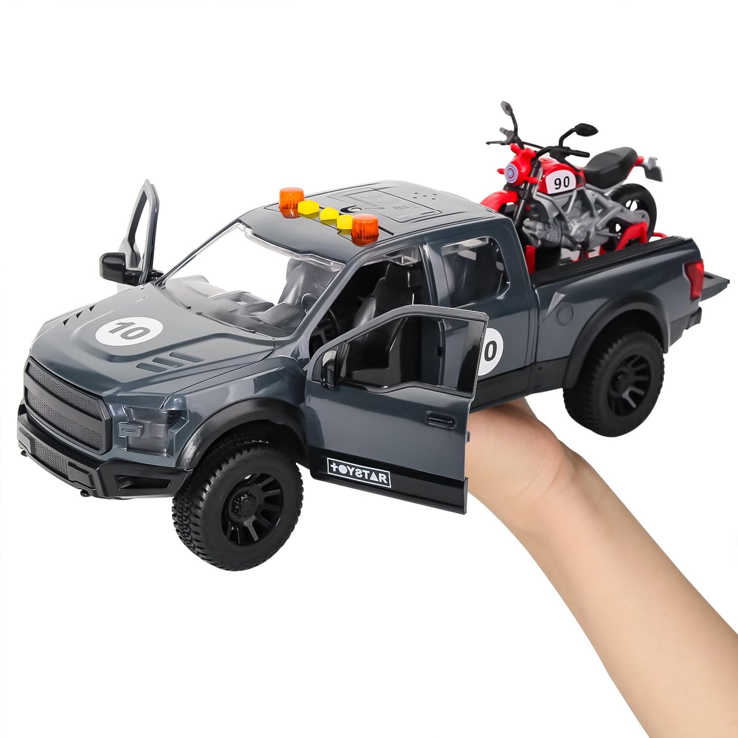 Pickup Truck Toy with Motorcycle, Featuring Lights and Sound Effects,Toy Car with Opening Doors, Toy Cars Gifts for 3+ Year Old Kids(Grey Pickup)