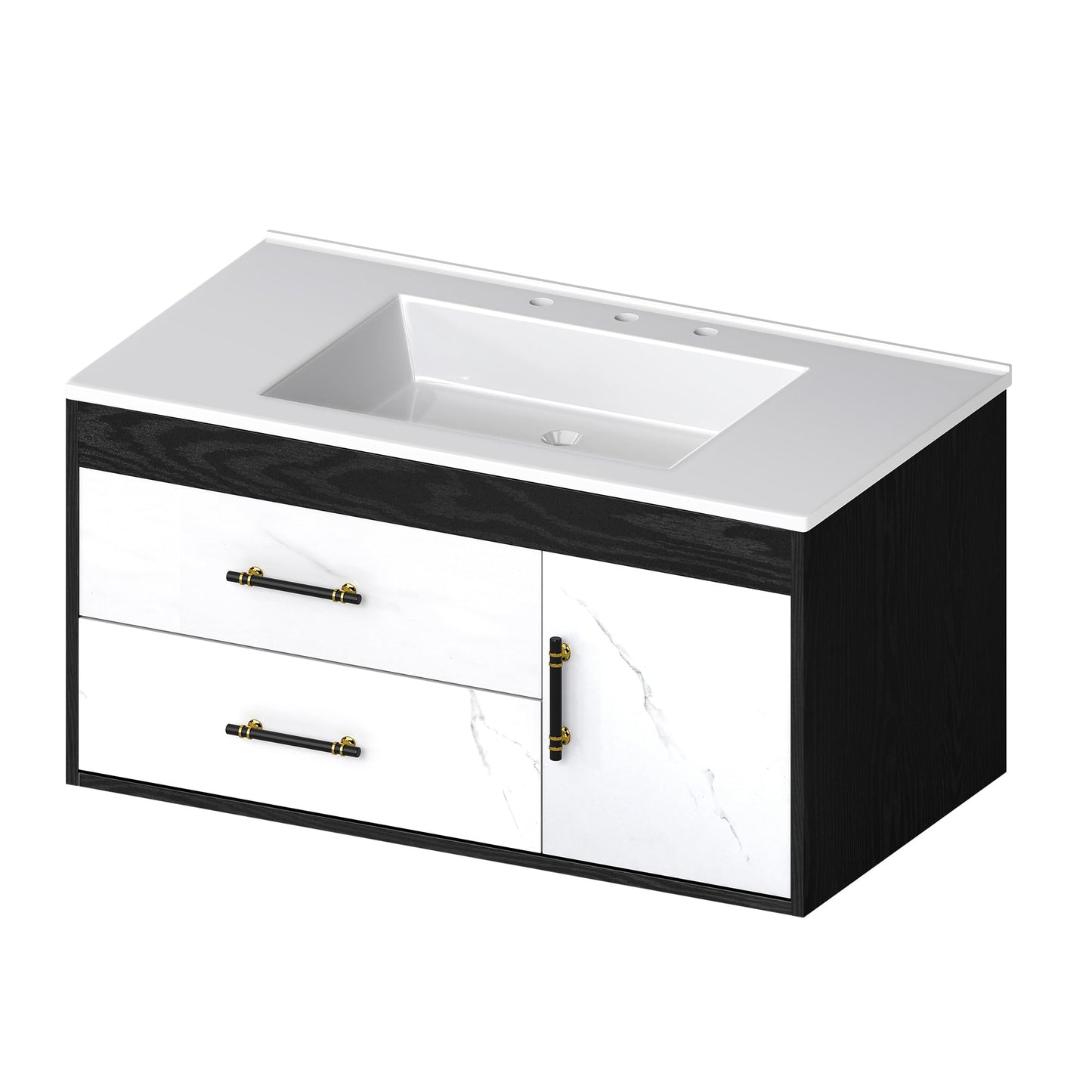YITAHOME 36 Floating Vanity with Sink, Wall Mounted Bathroom Cabinet Vanity with Soft-Close System Cabinet, Marble Pattern, 2 Drawers & Pre-drilled Three Holes