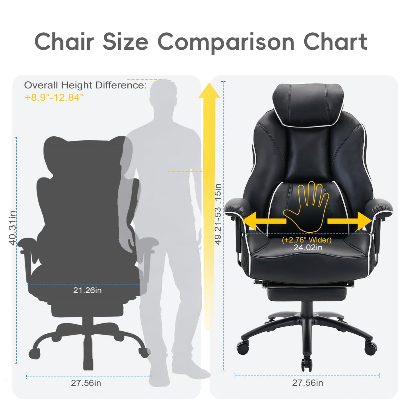 DJ·Wang Big and Tall Office Chair with Foot Rest, High Back Executive Office Chair PU Leather, Ergonomic Chairs with Lumbar Support, 135° Reclining Chairs with Thickened Spring Cushion Black