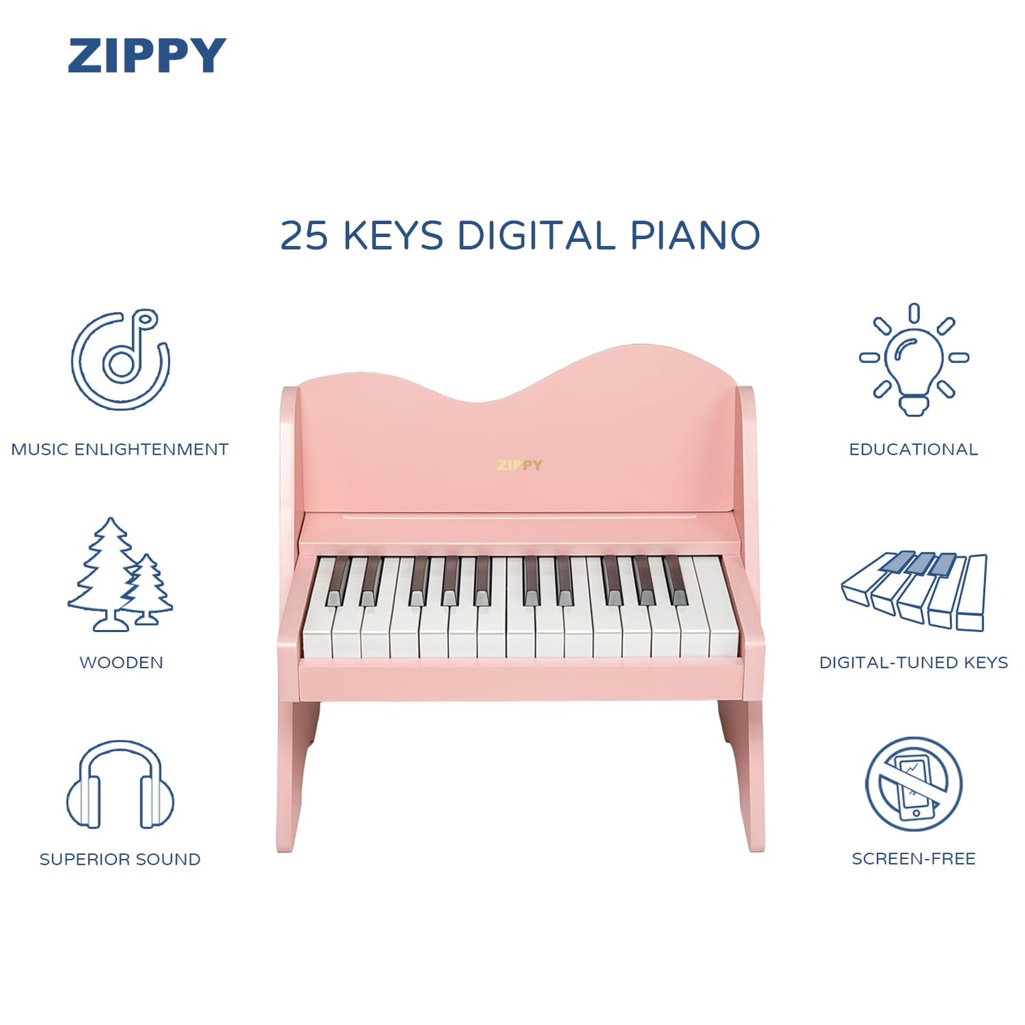 ZIPPY Kids Piano Keyboard, 25 Keys Digital Piano for Kids, Volume Adjustable, Mini Music Educational Instrument Toy, Wood Toy for Toddlers Girls Boys (Pink)