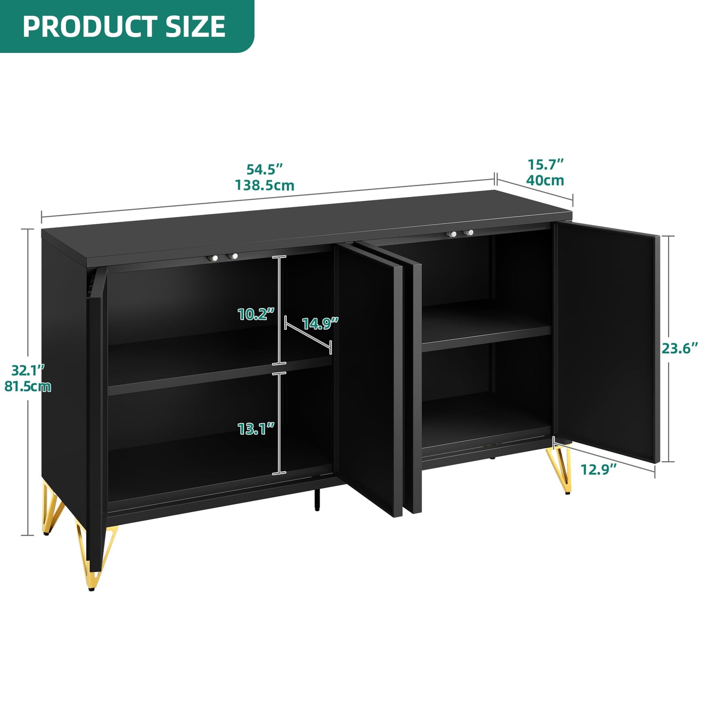 YITAHOME 55" Metal Storage Cabinet, Sideboard Buffet Cabinet with Adjustable Shelf, Metal Accent Console Credenza for Living Room, Kitchen, Dining Room, Black