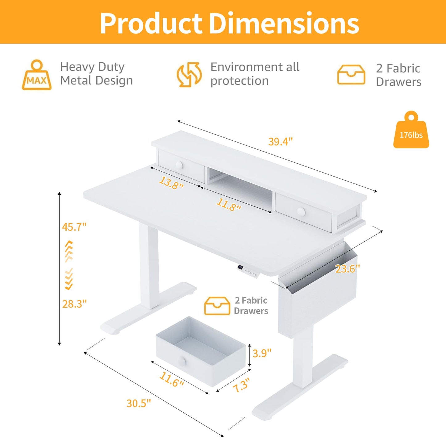 White Electric Standing Desk with Drawers - 40 Inch Small Standing Desk with Shelf Monitor Stand Storage Height Adjustable for Home Office, Study Writing Girls Computer Sit Stand Desks for Bedroom