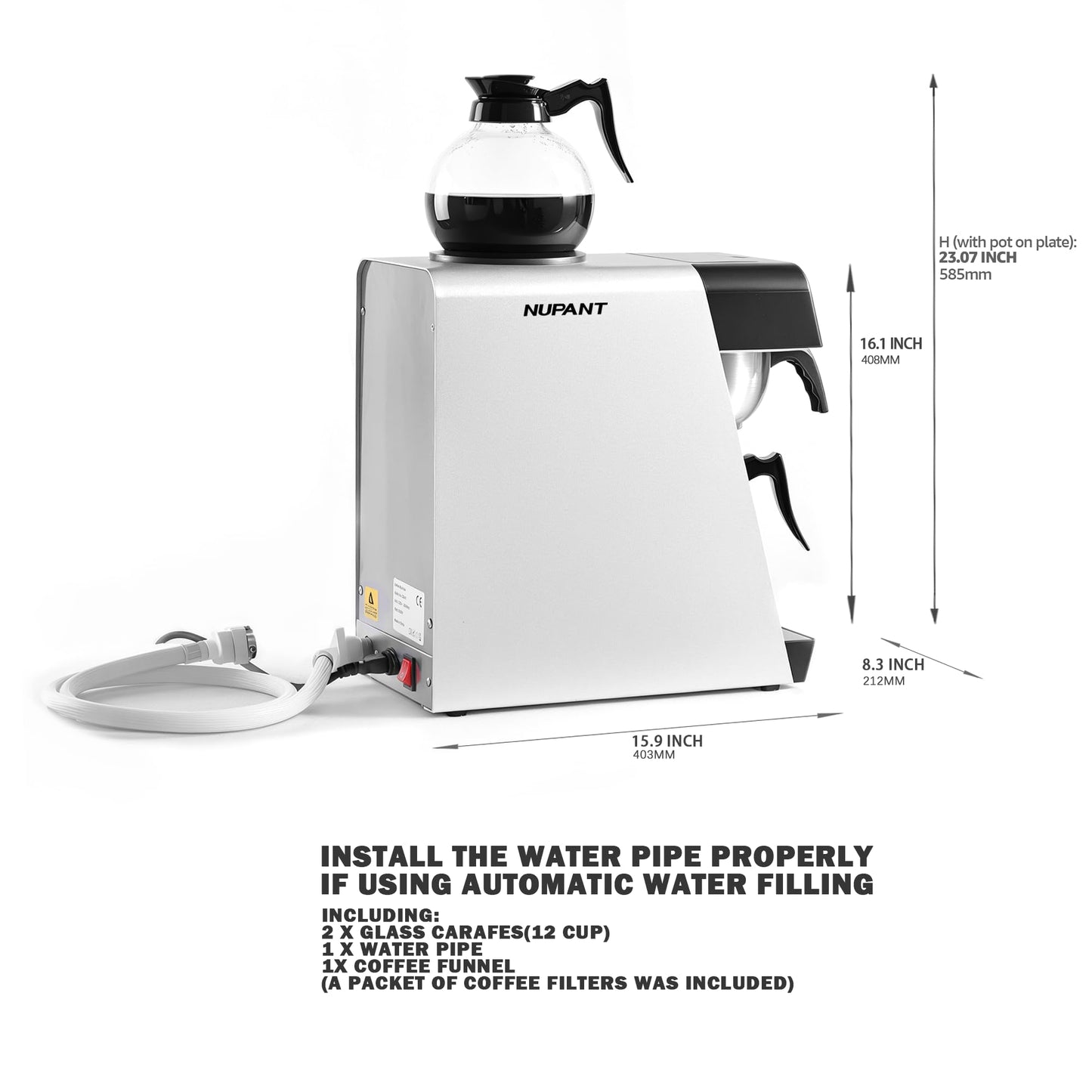NUPANT 12-Cup Commercial Drip Coffee Maker 1.8L Auto Filling Pour Over Coffee Machine with 2 Glass Carafes, 2 Warmers, LCD Panel, Automatic Stainless Steel Coffee Brewer for Cofe Bar and Restaurant
