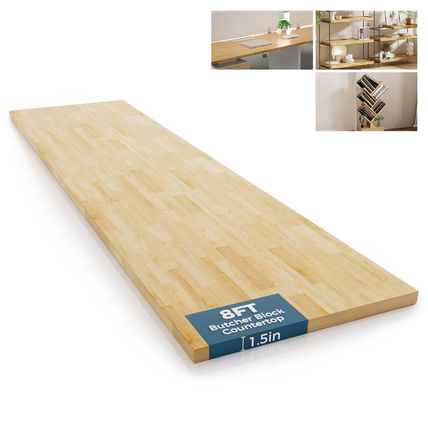 Solid Wood Butcher Block Countertop - 98"x25"x1.5" Unfinished Butcher Block Table Top, Solid One-Piece Desktop for DIY Washer Dryer, Kitchen Countertop, Workbench, 8.17ft