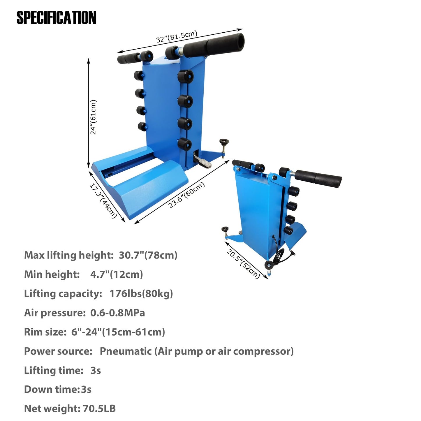 WYDDDARY Pneumatic Tire Changer, 176lbs(80kg) Lifting Capacity, Pneumatic Tyre Wheel Lifter Tire Changer Machine for 6"-24" Rim Tire Repair
