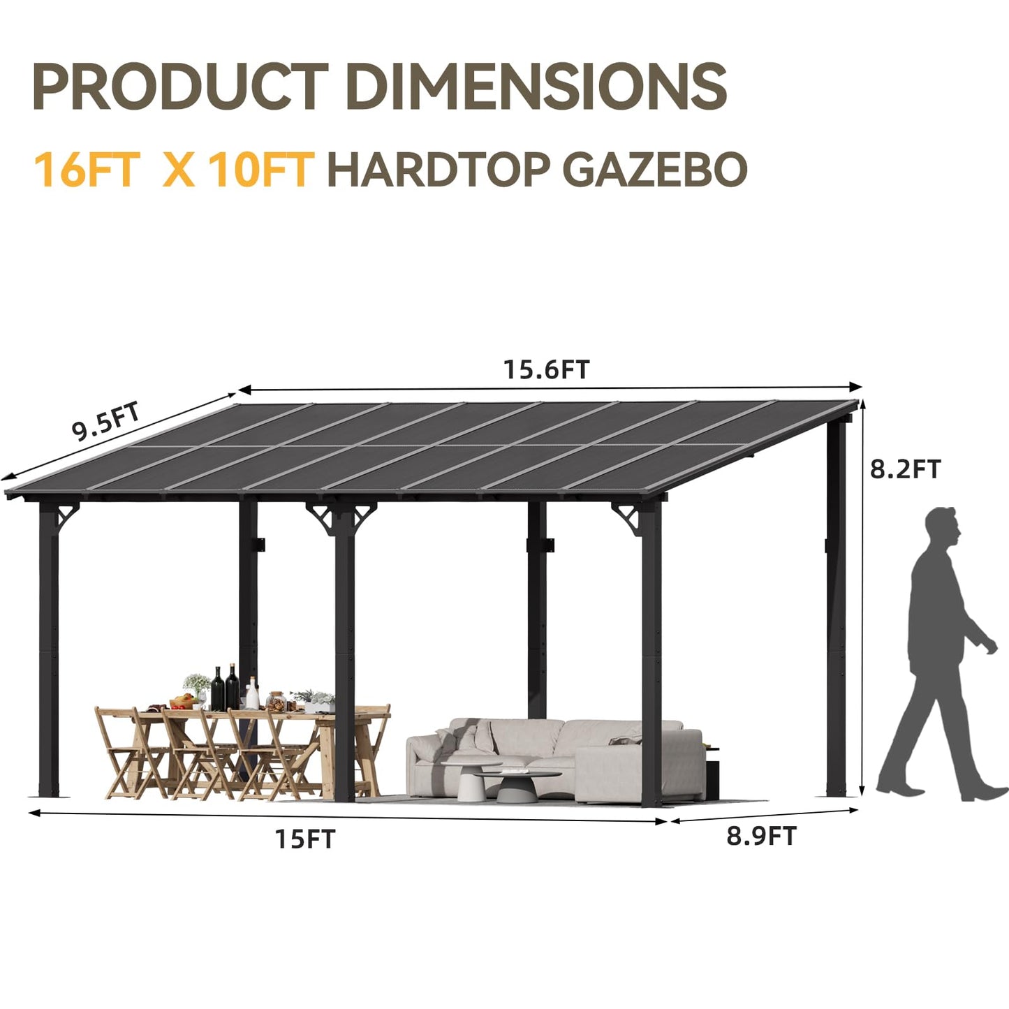 Aoxun 16' x 10' Gazebo for Patio, Gazebo Pergola with Sloped Roof, Large Wall-Mounted Heavy Duty Awnings, for Backyard, Deck, Patio