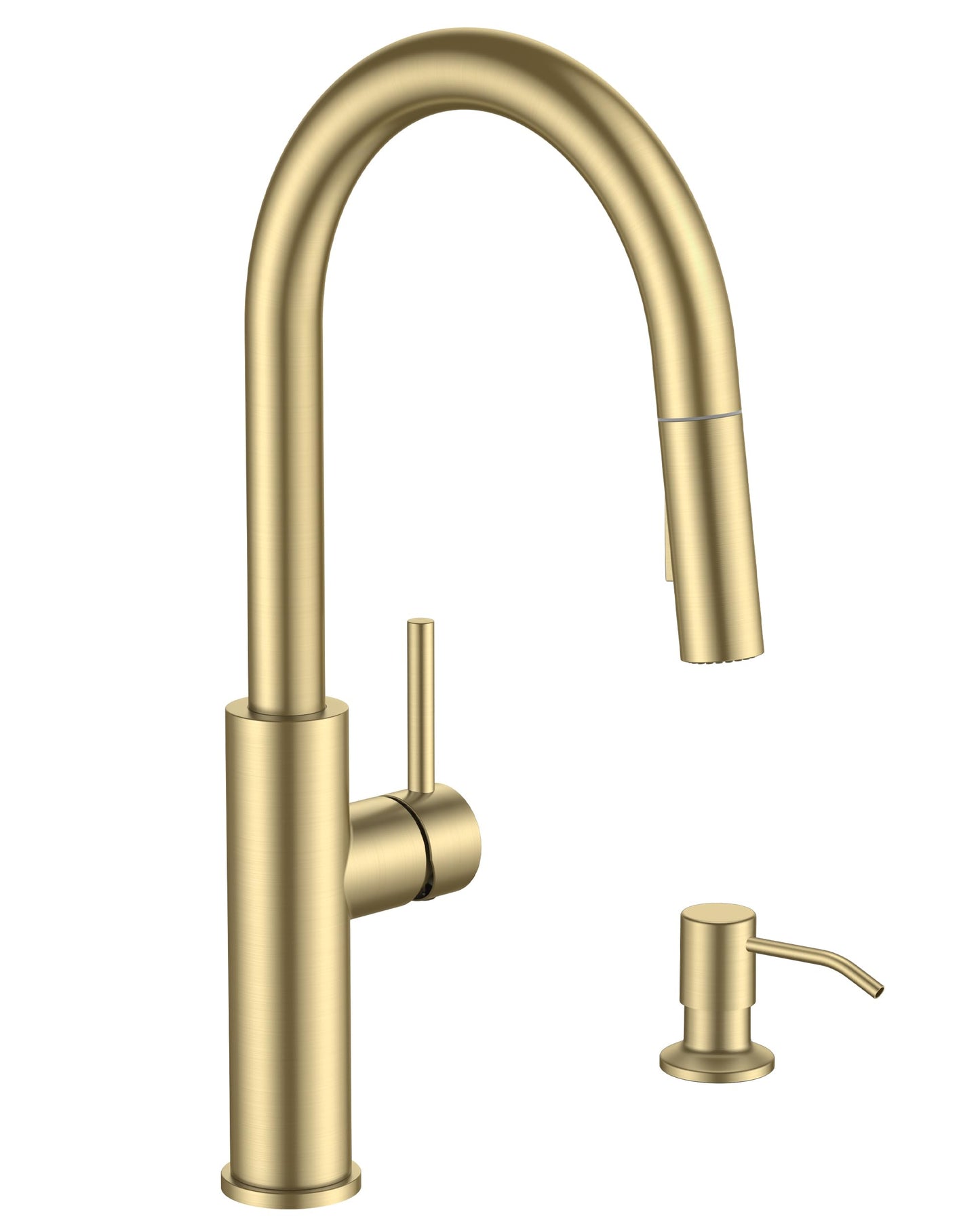 FORIOUS Kitchen Faucet with Soap Dispenser, Modern Brushed Gold, Single Handle High Arc Stainless Steel Kitchen Sink Faucet with Pull Down Sprayer, 1 or 3 Hole Deck Mount for RV, Laundry, Outdoor