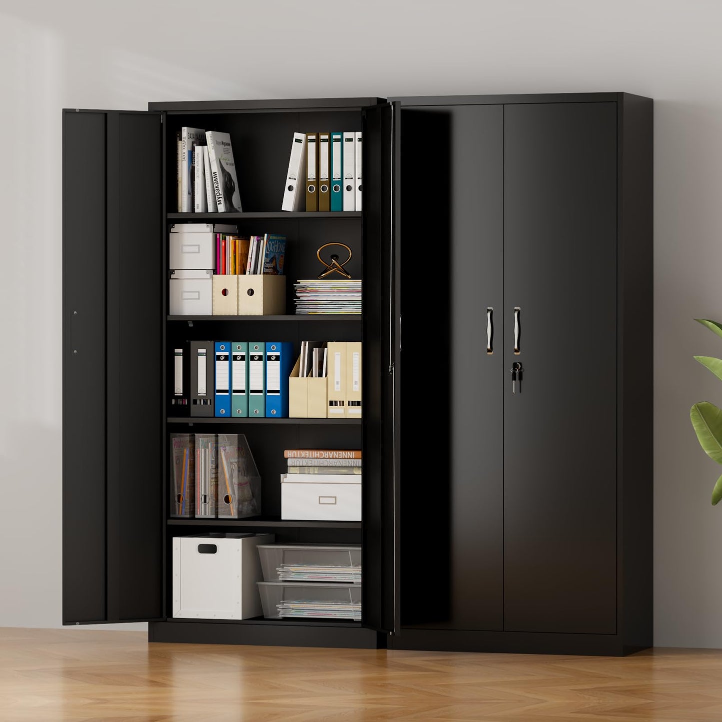CBCNWR Metal Storage Cabinets with Lock, 71” Metal Garage Storage Cabinet, Black Garage Storage Cabinets with Doors and Shelves, Locking Cabinet for Office, Home, Warehouse, Tool