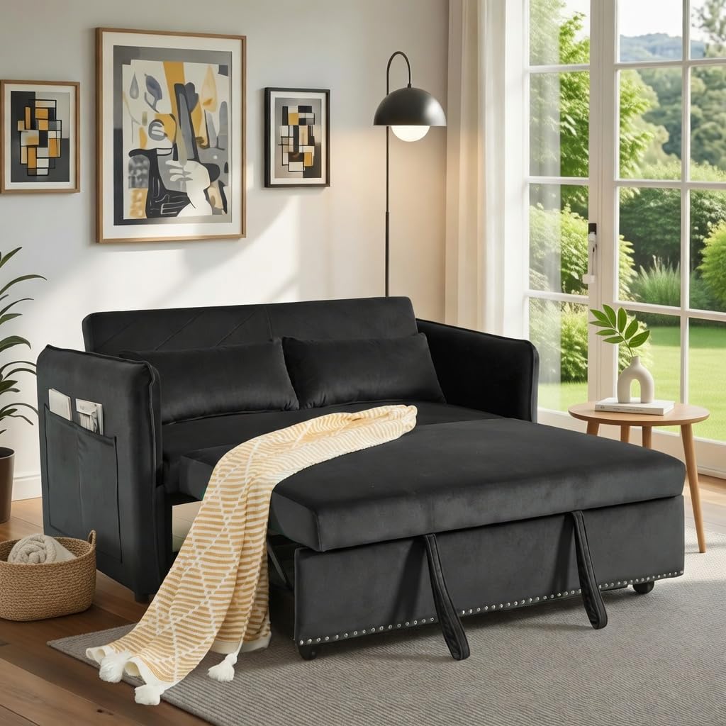 Trygoal 3 in 1 Convertible Sofa Bed, Pull Out Couch with Side Pockets, Velvet Fabric Loveseat Sleeper Sofa Bed, Pull Out Couch with Adjustable Backrest for Living Room, Bedroom, Apartment, Black