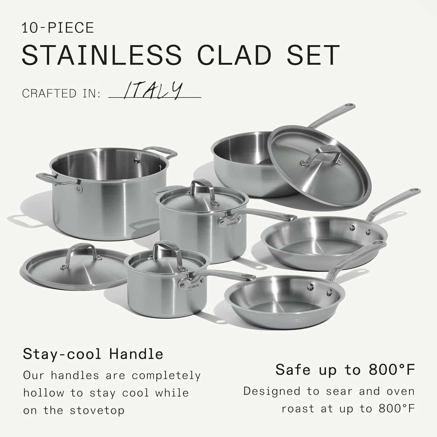 Made In Cookware | 10 Piece Stainless Steel Pot and Pan Set | 5 Ply Clad - Includes Stainless Steel Frying Pans, Saucepans, Saucier and Stock Pot W/Lid | Professional Cookware | Crafted in Italy